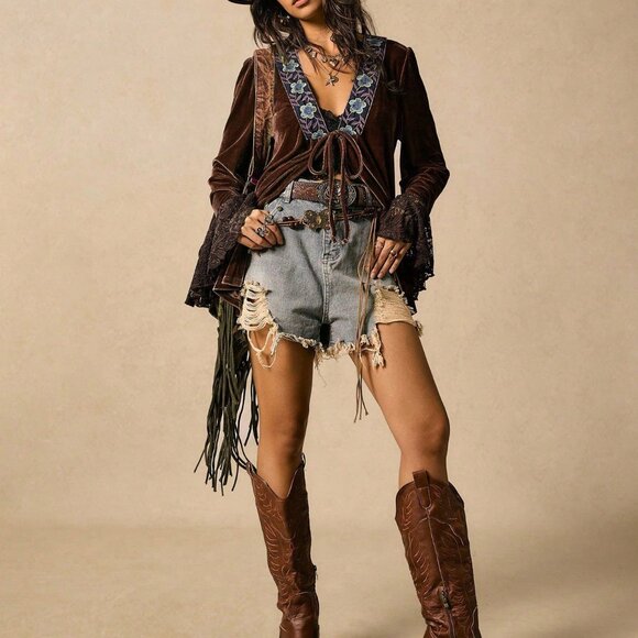 Coffee Brown Women's Nomadic Flare Lace Tie-Up Jacket - Picture 4 of 7